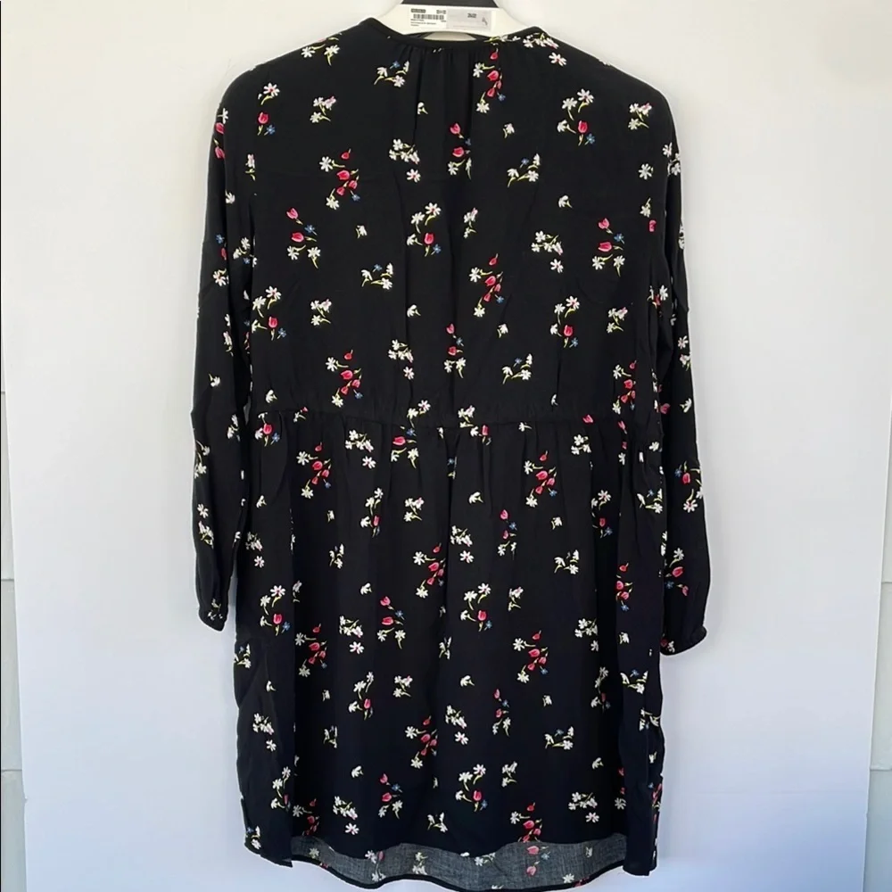 LOFT Black Casual Floral Side Tie Sundress Long Sleeves Medium Petite